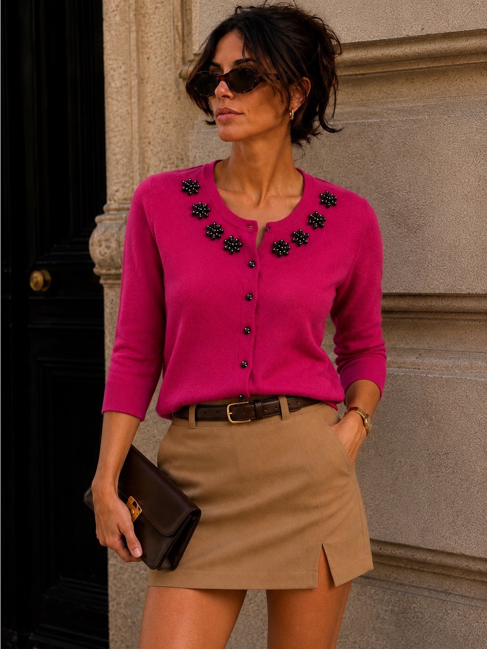 Kate Spade New York Fuchsia Floral Jeweled Embellished Button Cardigan Sweater